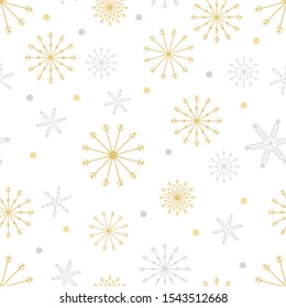 Seamless pattern cold Winter in Christmas Day with Cute cartoon snowflakes in different size in silver and yellow gold on white background,Vector seamless for wrapping paper or fabric