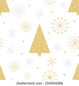 Seamless pattern cold Winter in Christmas Day with Cute cartoon of Christmas tree and snowflakes in different size in silver and yellow gold on white background, Vector seamless for wrapping paper