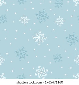 Seamless pattern cold Winter in Christmas Day with Cute cartoon snowflakes in different size on blue background,Vector seamless for wrapping paper or fabric