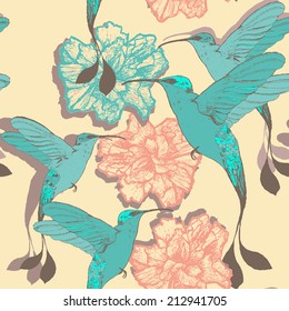 Seamless pattern with colibri birds and flowers