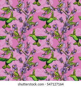 Seamless pattern. Colibri birds and flowers on pink background with mandala ornaments. Hand drawn image for floral design.