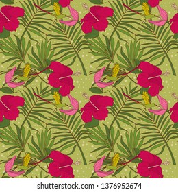 Seamless pattern with colibri birds, tropical flowers and palm leaves, green and purple, vector illustration