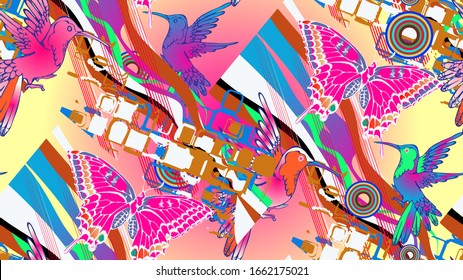 Seamless pattern of colibri and butterfly. Vector illustration