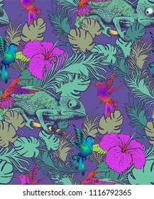 Seamless pattern of colibri and chamelion. Vector illustration