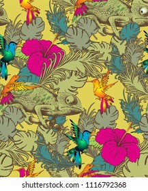 Seamless pattern of colibri and chamelion. Vector illustration