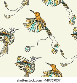 Seamless pattern with colibri. Colored fantasy tropical birds. Vector illustration.
