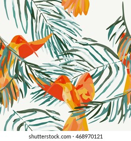 Seamless pattern with colibri. Colored fantasy tropical birds. Vector illustration. 