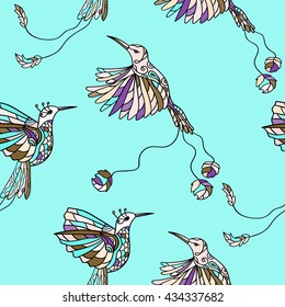 Seamless pattern with colibri. Colored tropical bird. Vector illustration. A pair of hummingbirds.