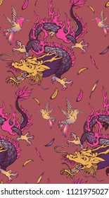 Seamless pattern of colibri and dragon. Vector illustration