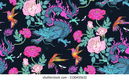 Seamless pattern of colibri and dragon. Vector illustration