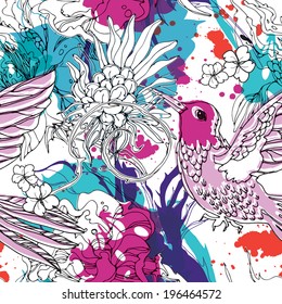 Seamless pattern with colibri and flowers eps10