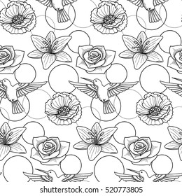 Seamless pattern with colibri and flowers on white background. Modern textile print