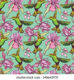 Seamless pattern. Colibri and flowers on green background. Hand drawn image for floral design.