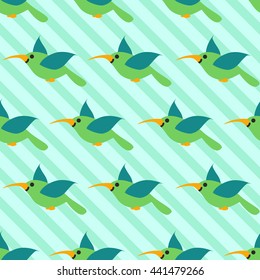 Seamless pattern with colibri on striped blue background. Art vector illustration.