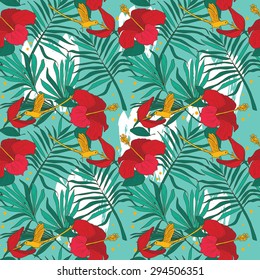 Seamless pattern with colibri,  tropical flowers, palm leaves and butterflies, vector illustration