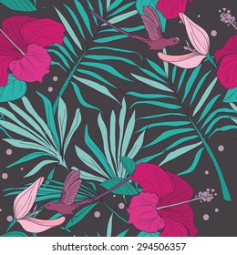 Seamless pattern with colibri,  tropical flowers, palm leaves and butterflies, vector illustration