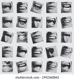 Seamless pattern with a collage of black and white square fragments that depict human mouths expressing various emotions. Monochrome vector background in retro style. Wallpaper, wrapping paper, fabric