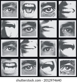 Seamless pattern with a collage of black-white square fragments that depict human eyes and mouths expressing various emotions. Monochrome vector background. Retro wallpaper, wrapping paper, fabric