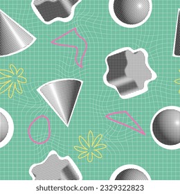 Seamless pattern with collage elements with geometric shapes in the technique of halftones for mixed-style design. Aesthetics of crazy grunge punk. y2k grid. Vector.