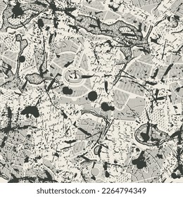 Seamless pattern with collage of letters with handwritten text and pieces of geographical maps. Grunge Texture. Vector background in retro style with imitated text. Suitable for wallpaper design