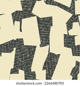 Seamless pattern with collage of letters with handwritten text Lorem Ipsum. Vector background in retro style with imitated text. Suitable for wallpaper design