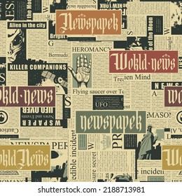 seamless pattern with a collage of newspaper clippings. Abstract background with unreadable text, titles and illustrations. Wallpaper, wrapping paper or fabric design in retro style
