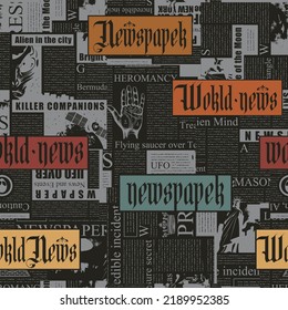 seamless pattern with a collage of newspaper clippings. Abstract background with unreadable text, titles and illustrations. Wallpaper, wrapping paper or fabric design in retro style