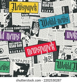 seamless pattern with a collage of newspaper clippings. Abstract background with unreadable text, titles and illustrations. Wallpaper, wrapping paper or fabric design in retro vintage style