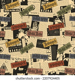 seamless pattern with a collage of newspaper clippings. Abstract background with unreadable text, titles and illustrations. Wallpaper, wrapping paper or fabric design in retro vintage style