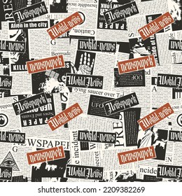 seamless pattern with a collage of newspaper clippings. Abstract background with unreadable text, titles and illustrations. Wallpaper, wrapping paper or fabric design in retro vintage style