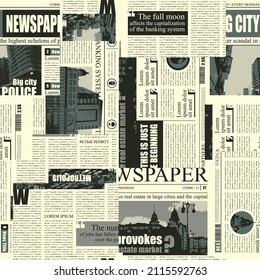 Seamless pattern with a collage of newspaper or magazine clippings in retro style. Monochrome vector background with titles, illustrations and imitation of text. Wallpaper, wrapping paper, fabric