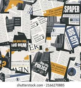 Seamless pattern with a collage of newspaper or magazine clippings. Retro style vector background with titles, illustrations and imitation text. Suitable for wallpaper design, wrapping paper, fabric