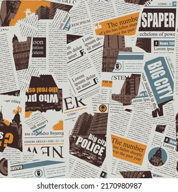 Seamless pattern with a collage of newspaper or magazine clippings. Retro style vector background with titles, illustrations and imitation text. Suitable for wallpaper design, wrapping paper, fabric