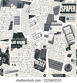 Seamless pattern with collage of newspaper or magazine clippings. Retro style vector background with titles, illustrations and imitation text. Suitable for wallpaper design, wrapping paper, fabric