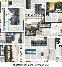 seamless pattern with collage of newspaper or magazine clippings. Vector background in retro style with titles, illustrations and imitation of text. Suitable for wallpaper, wrapping paper, fabric