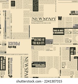 seamless pattern with collage of newspaper or magazine clippings. Vector background in retro style with titles, illustrations and imitation of text. Suitable for wallpaper, wrapping paper, fabric