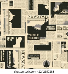 seamless pattern with collage of newspaper or magazine clippings. Vector background in retro style with titles, illustrations and imitation of text. Suitable for wallpaper, wrapping paper, fabric