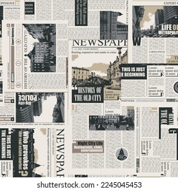 seamless pattern with collage of newspaper or magazine clippings. Vector background in retro style with titles, illustrations and imitation of text. Suitable for wallpaper, wrapping paper, fabric