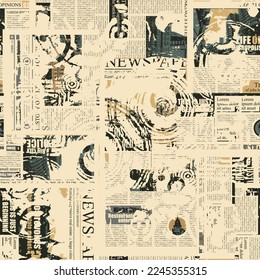 seamless pattern with collage of newspaper or magazine clippings. Vector background in retro style with titles, illustrations and imitation of text. Suitable for wallpaper, wrapping paper, fabric