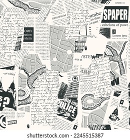 Seamless pattern with collage of newspaper or magazine and map clippings. Retro style vector background with titles, illustrations and imitation text. Suitable for wallpaper design, wrapping paper, fa