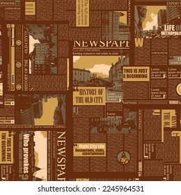 seamless pattern with collage of newspaper or magazine clippings. Vector background in retro style with titles, illustrations and imitation of text. Suitable for wallpaper, wrapping paper, fabric