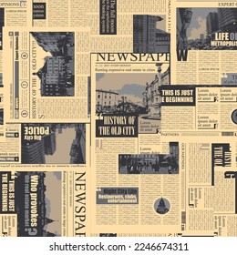 seamless pattern with collage of newspaper or magazine clippings. Vector background in retro style with titles, illustrations and imitation of text. Suitable for wallpaper, wrapping paper, fabric