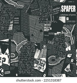 Seamless pattern with collage of newspaper or magazine and map clippings. Retro style vector background with titles, illustrations and imitation text. Suitable for wallpaper design, wrapping paper