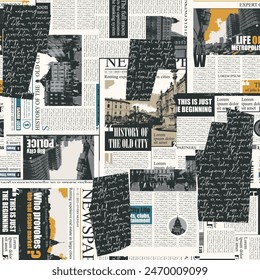 seamless pattern with collage of newspaper or magazine clippings. Vector background in retro style with titles, illustrations and imitation of text. Suitable for wallpaper, wrapping paper, fabric