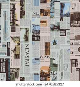 seamless pattern with collage of newspaper or magazine clippings. Vector background in retro style with titles, illustrations and imitation of text. Suitable for wallpaper, wrapping paper, fabric