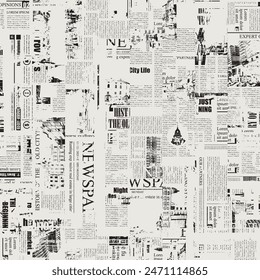 seamless pattern with collage of newspaper or magazine clippings. Vector background in retro style with titles, illustrations and imitation of text. Suitable for wallpaper, wrapping paper, fabric