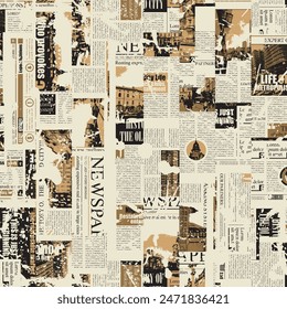 seamless pattern with collage of newspaper or magazine clippings. Vector background in retro grunge style with titles, illustrations and imitation of text. Suitable for wallpaper, wrapping paper, fabr