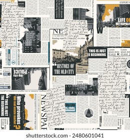 seamless pattern with collage of newspaper or magazine clippings. Vector background in retro style with titles, illustrations and imitation of text. Suitable for wallpaper, wrapping paper, fabric