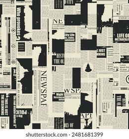 seamless pattern with collage of newspaper or magazine clippings. Vector background in retro grunge style with titles, illustrations and imitation of text. Suitable for wallpaper, wrapping paper