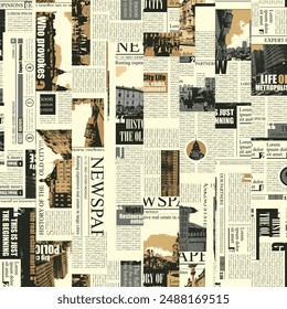 seamless pattern with collage of newspaper or magazine clippings. Vector background in retro style with titles, illustrations and imitation of text. Suitable for wallpaper, wrapping paper